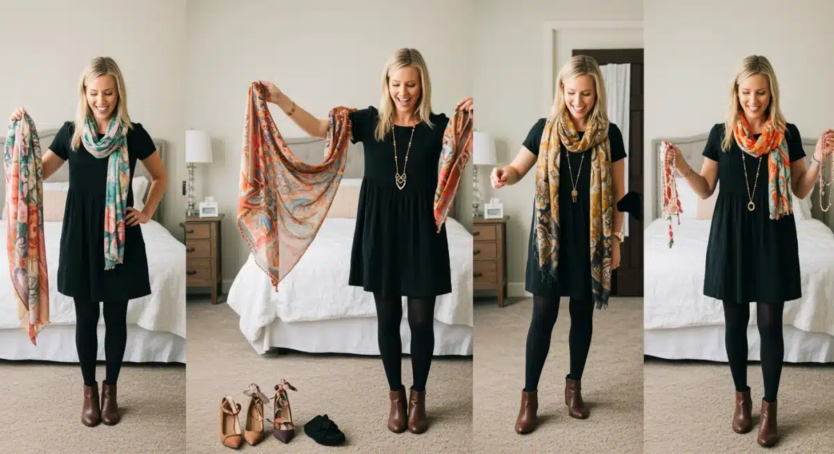Woman experimenting with accessories to style a single dress