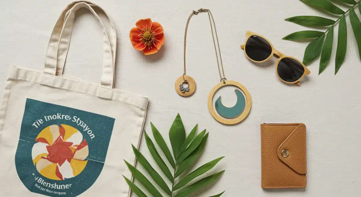 Collection of affordable sustainable fashion accessories including a tote, sunglasses, and jewelry