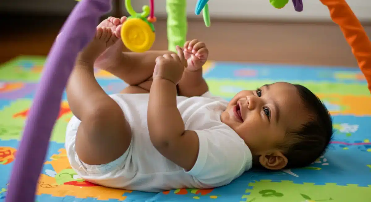 Baby doing bicycle kicks for gas relief on play mat