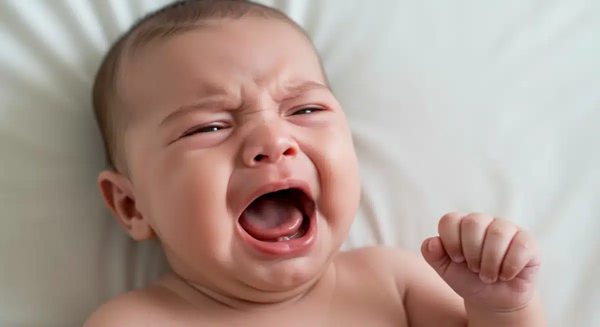 Baby crying, showing late hunger cues
