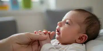 Baby showing early hunger cues, turning head and opening mouth
