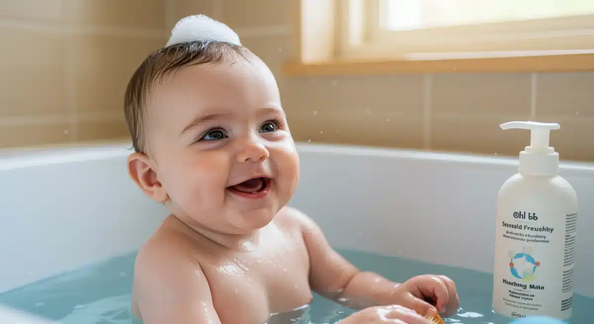 Happy baby in lukewarm bath with eczema-friendly products
