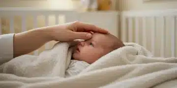 Parent checking baby's temperature, baby with first cold