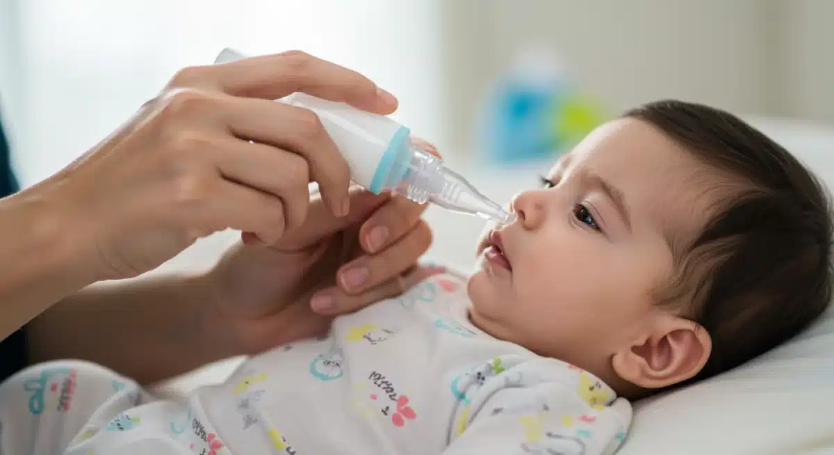 Parent using nasal aspirator on baby