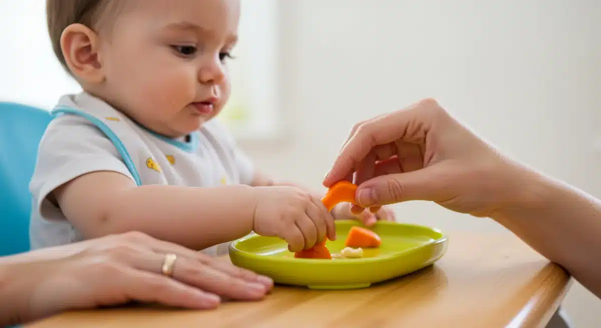 Parent teaching baby pincer grasp for safe self-feeding