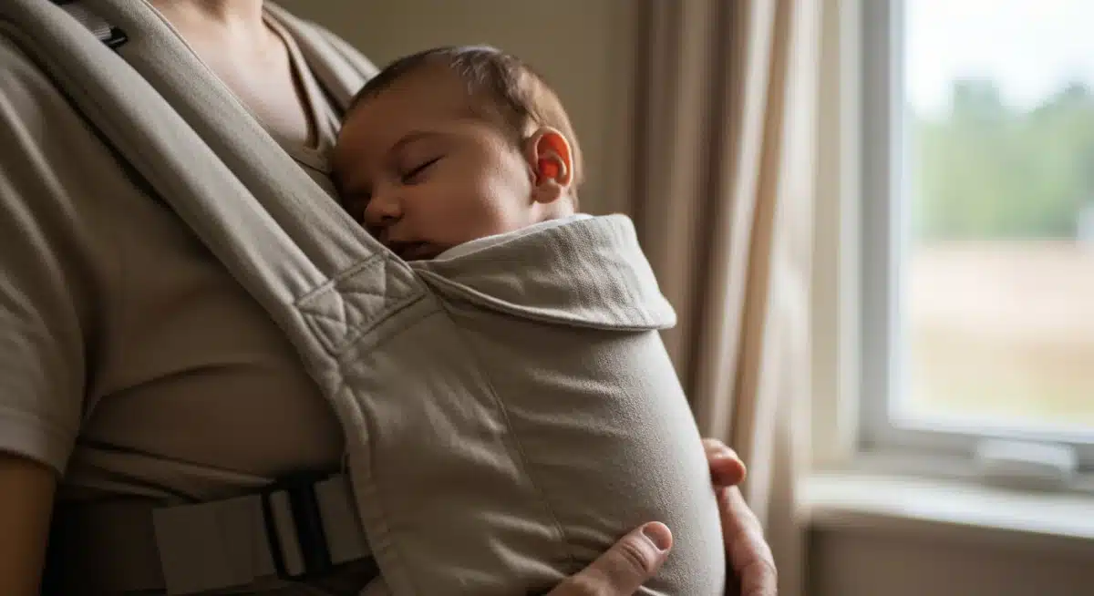 Baby sleeping peacefully in carrier, secure and calm