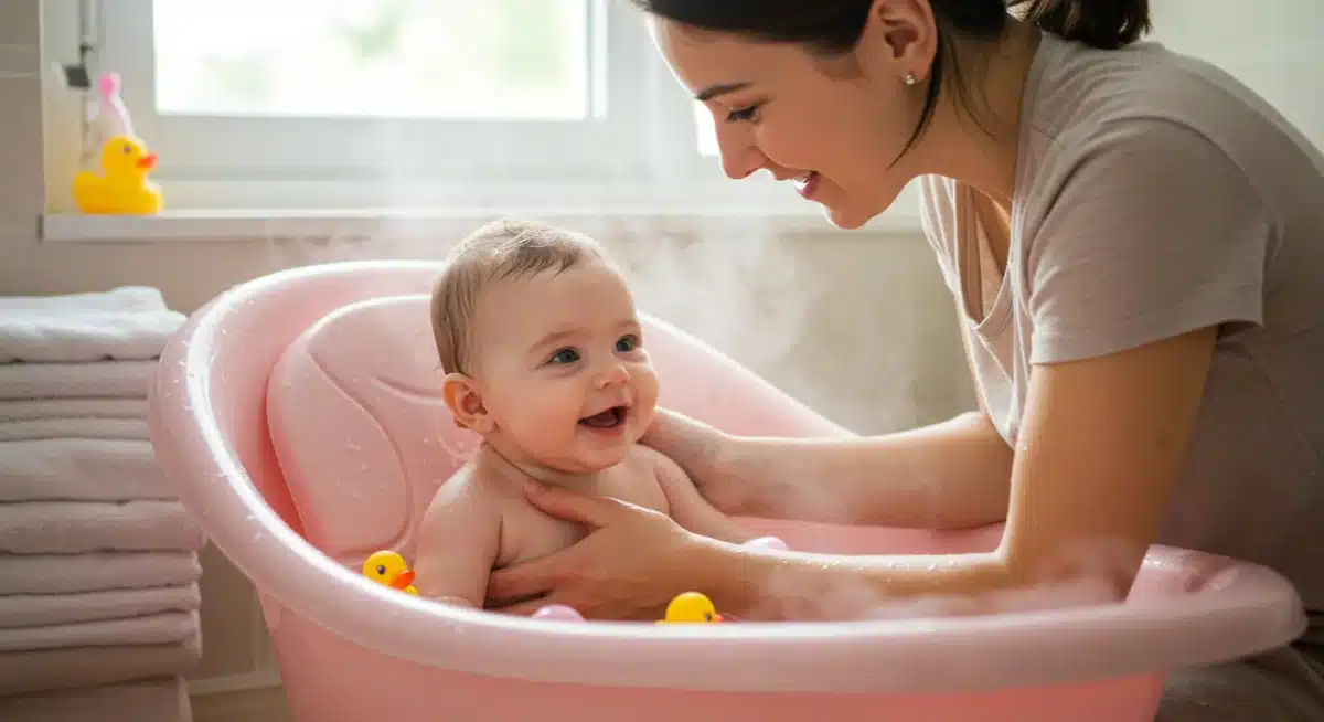 Baby enjoying a soothing warm bath for skin relief