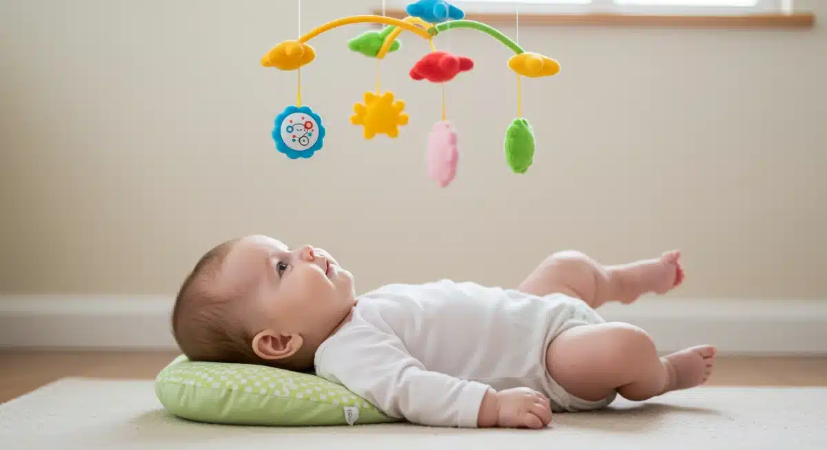 Baby on tummy time looking at a colorful mobile, strengthening neck muscles