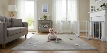 Living room babyproofed for child safety with gates, outlet covers, and secured furniture.