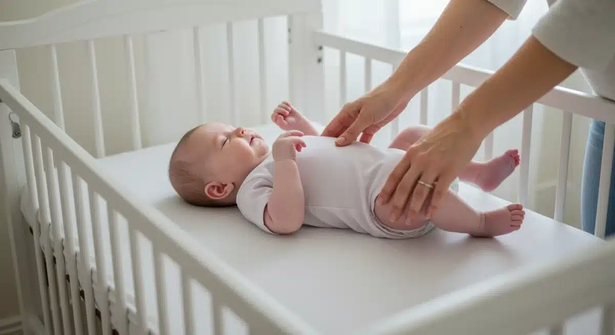 Parent placing baby on back in crib for safe sleep