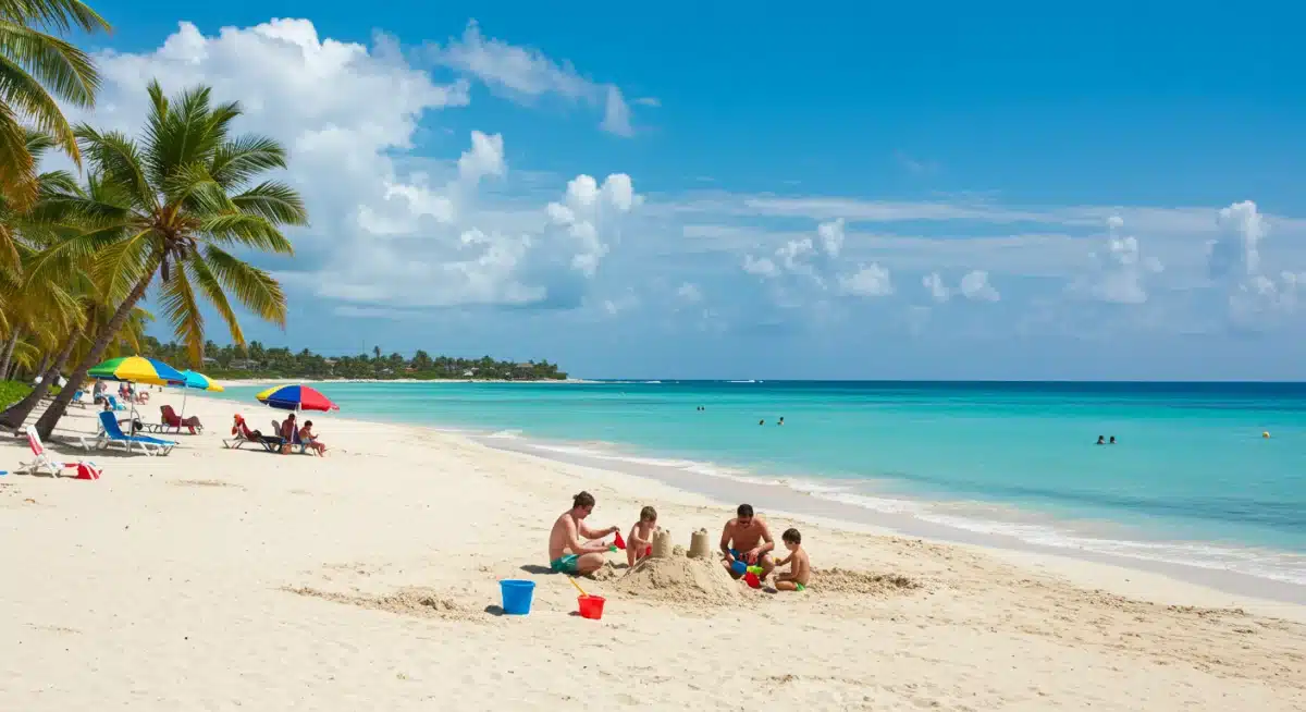 Family building a sandcastle on a beautiful, affordable beach vacation