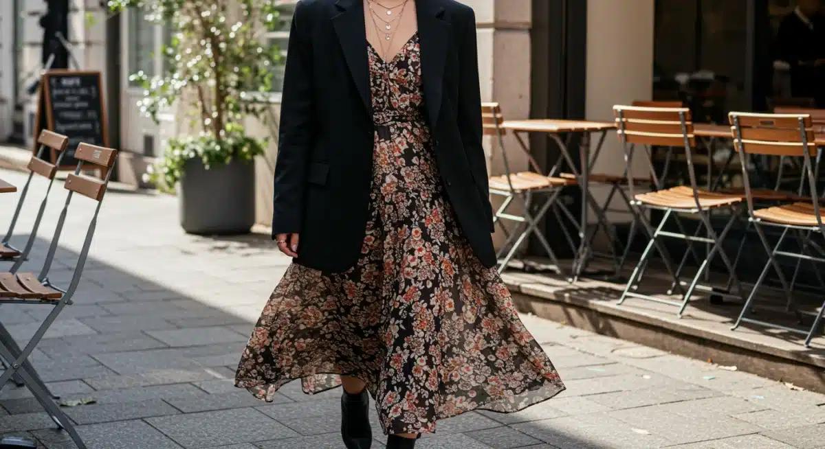 Black structured blazer paired with a flowing floral maxi dress and layered necklaces