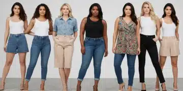 Diverse women showcasing flattering outfits for various body shapes in a modern studio.
