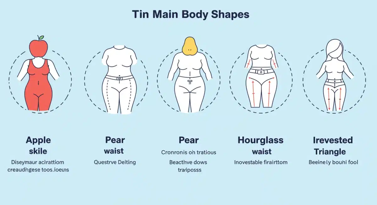 Infographic illustrating main body shapes and corresponding flattering clothing features.