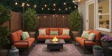 Budget-friendly backyard oasis with string lights and comfortable seating