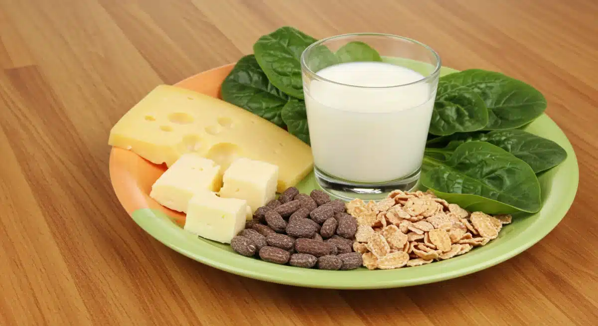 Diverse calcium-rich foods on a plate for adolescent nutrition.