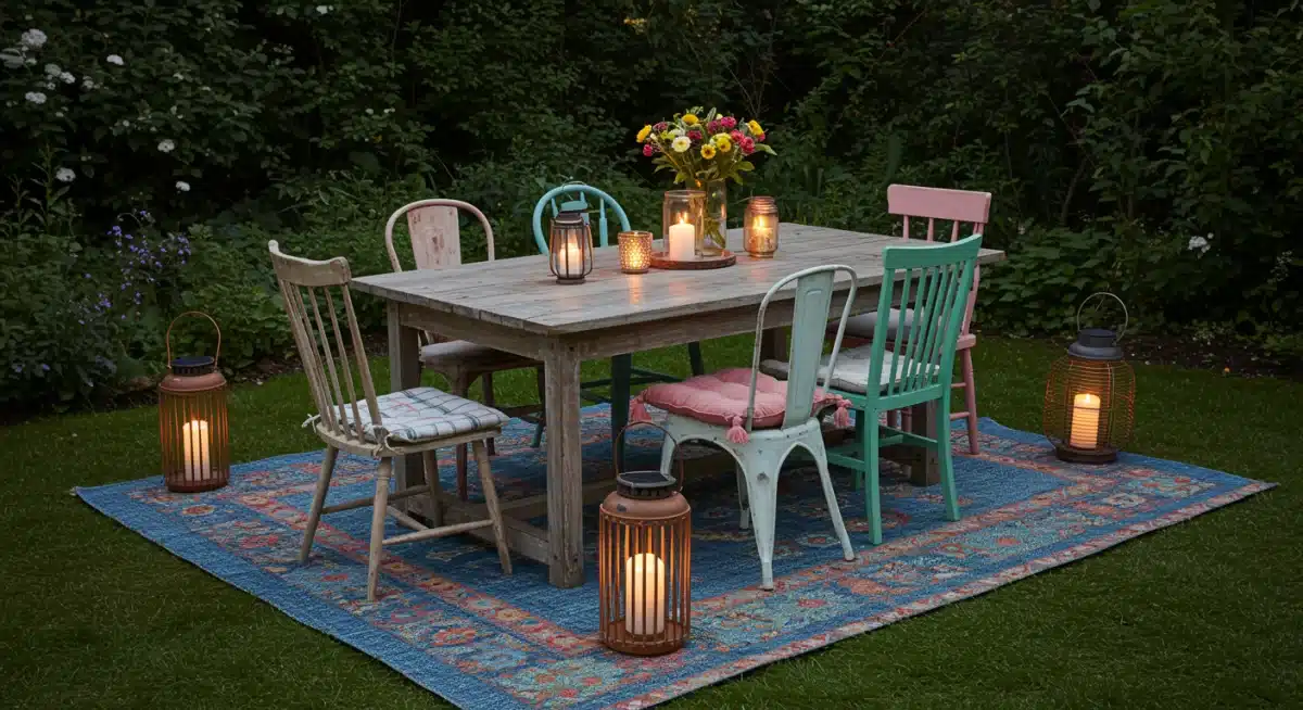 Charming outdoor dining area with refurbished furniture and solar lights