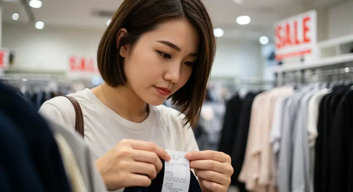 Person examining clothing tag for fabric quality and care during a sale