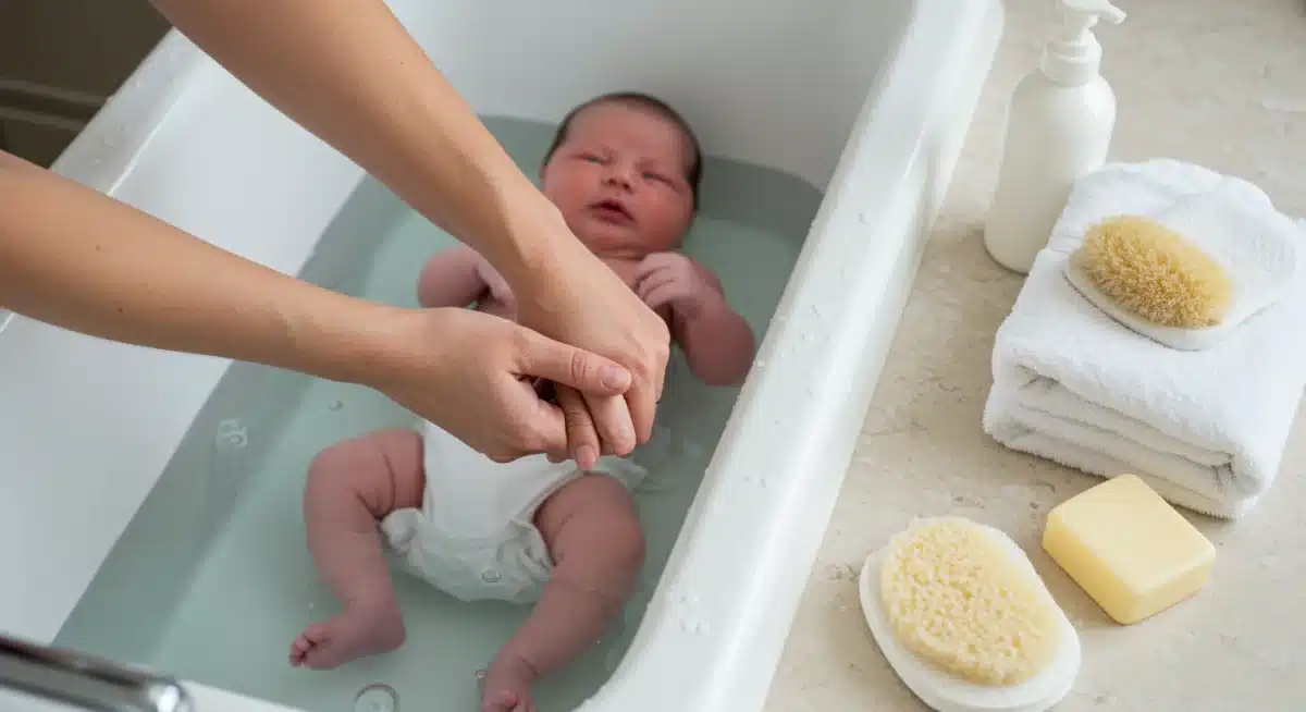 Parent checking water temperature for newborn bath with elbow.