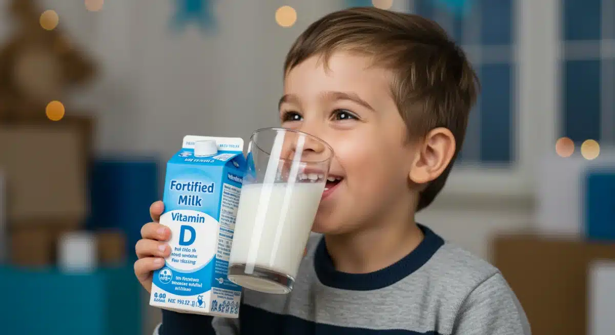Child drinking vitamin D fortified milk for health.