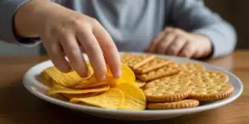 Child's hand reaching for processed snacks high in sodium