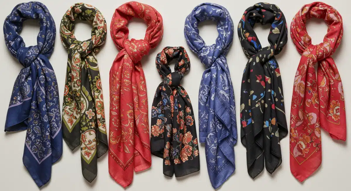 Colorful scarves collection, demonstrating versatile styling options