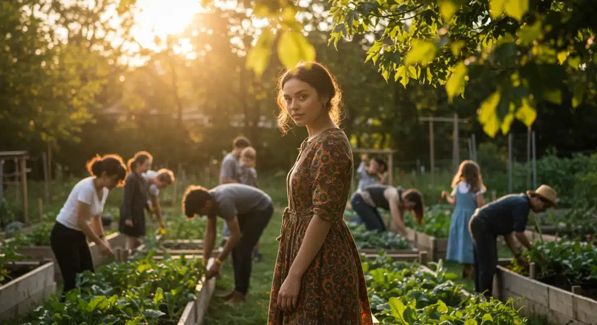 Community garden with people wearing sustainable fashion