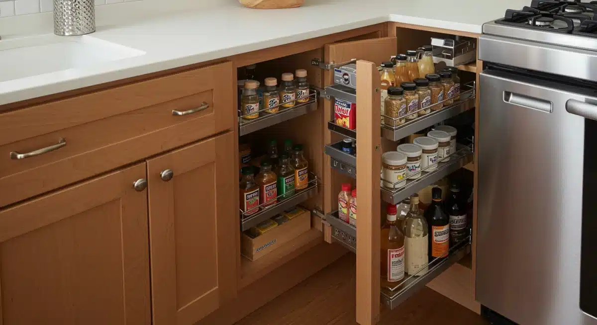 Compact kitchen with pull-out pantry shelves and magnetic spice racks, showcasing efficient storage.