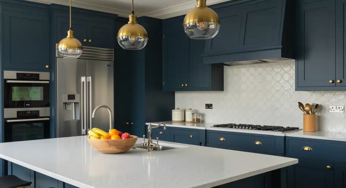 Contemporary kitchen with rich navy blue cabinets and brass accents