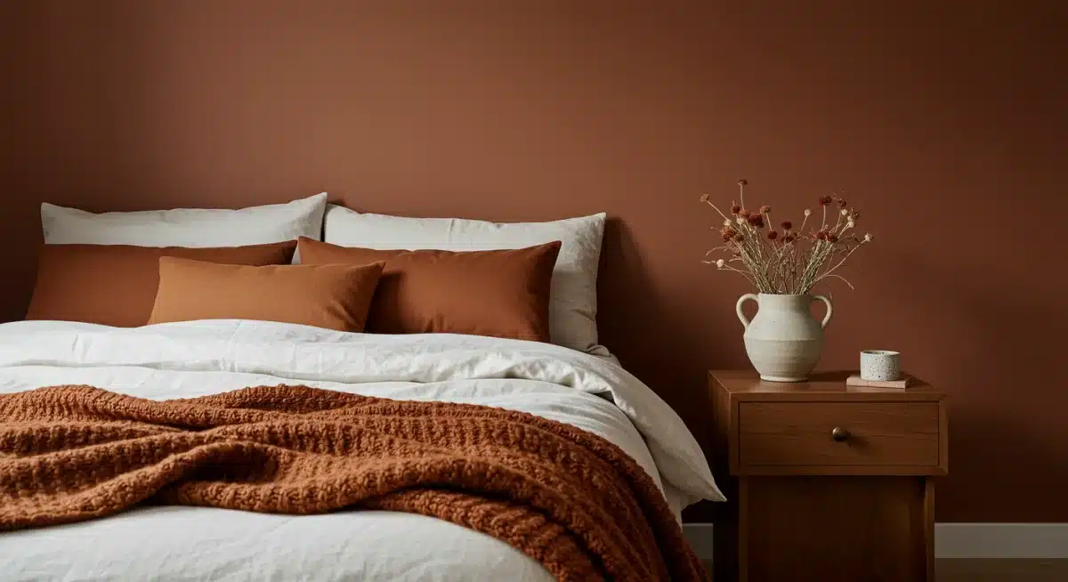 Cozy bedroom with deep terracotta walls and natural textures