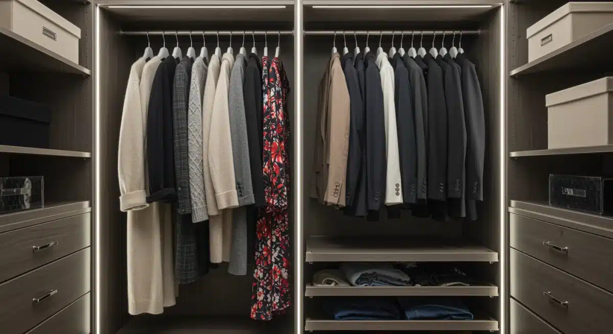 Well-organized closet with curated wardrobe staples and trendy items from sales