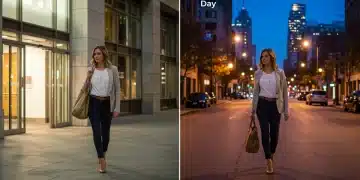 Woman transitioning from day office wear to chic evening attire in a city setting.