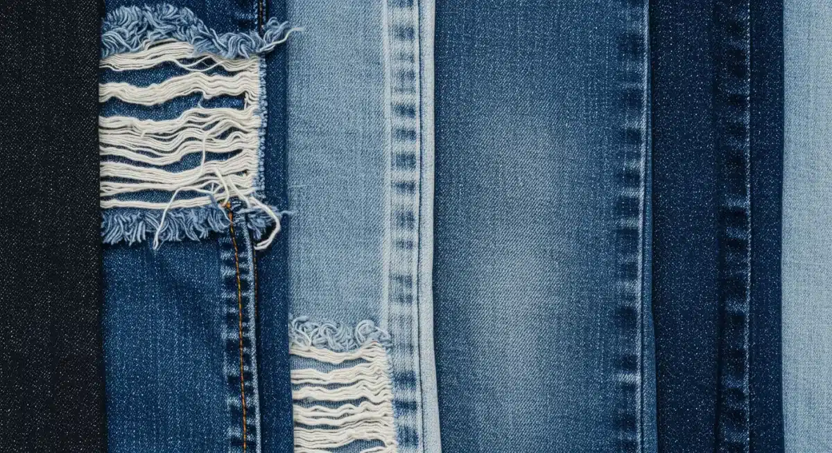 Detailed view of various denim textures and washes for 2025, from distressed to dark.