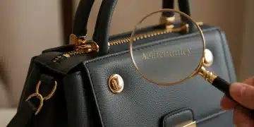 Close-up of a designer handbag with a magnifying glass, highlighting authenticity details.