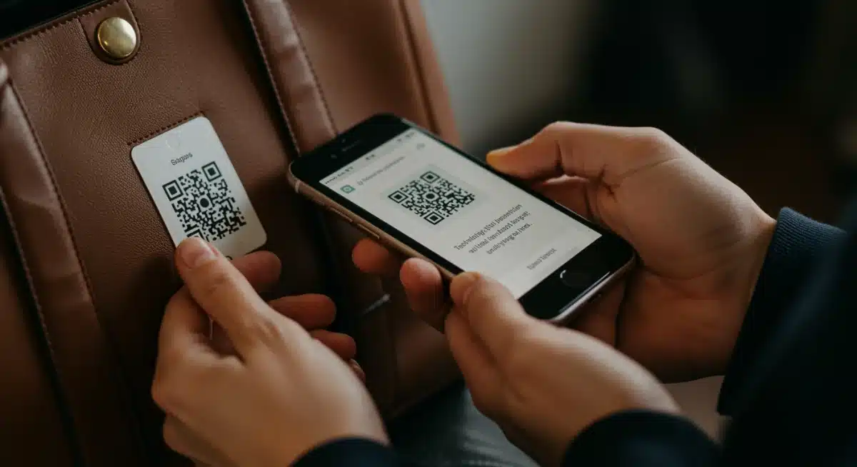 Person scanning a designer item with a smartphone for digital authentication.