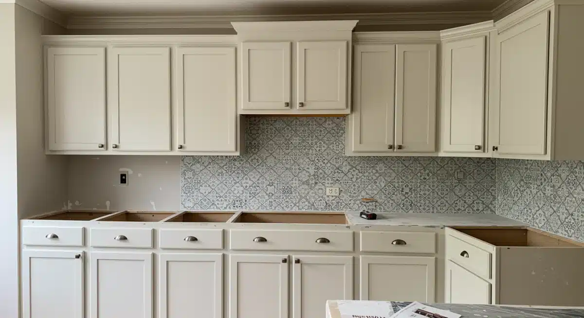 DIY kitchen renovation with repainting cabinets, new hardware, and peel-and-stick backsplash.