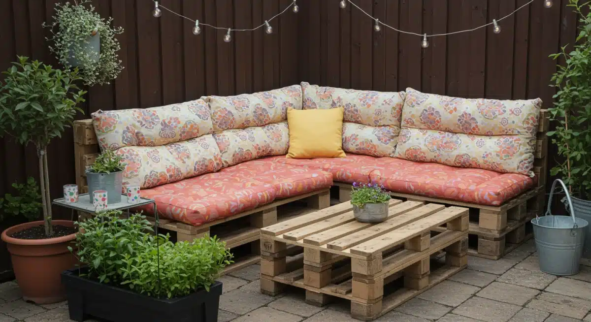 DIY pallet furniture with cushions and string lights in a renovated backyard