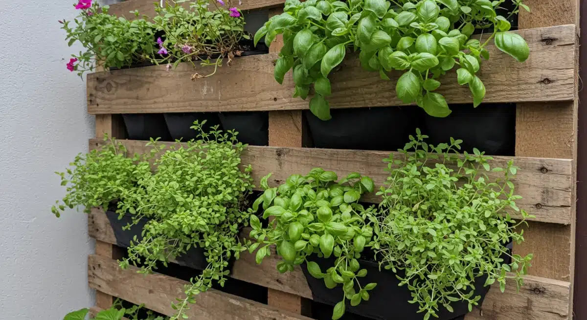 DIY vertical garden made from repurposed pallets with herbs and flowers
