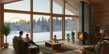 Modern eco-friendly living room with large windows and fireplace, saving energy in winter.