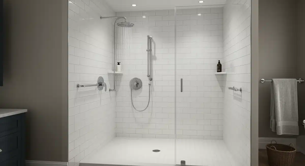 Elegant walk-in shower with subway tiles and frameless glass