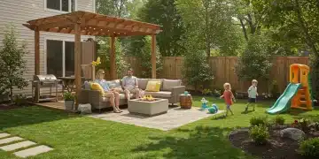 Family enjoying a renovated backyard oasis with DIY features and lush plants
