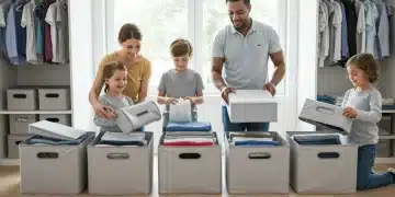 Family organizing clothes into a capsule wardrobe system