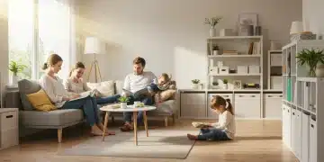 Family enjoying a decluttered and organized living room in 2025.