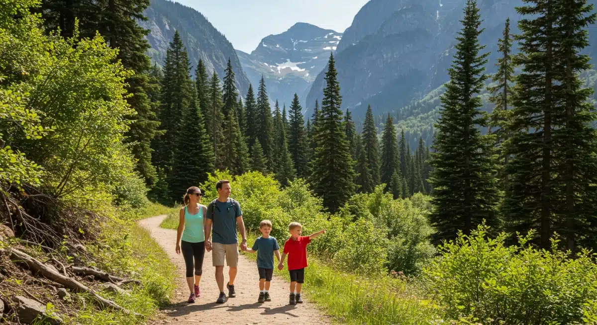 Family hiking a scenic trail in a national park for an affordable adventure