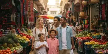 Smiling family exploring a vibrant market on a budget-friendly 2025 vacation