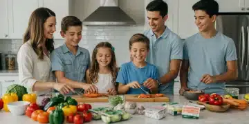 Family preparing a meal kit in a modern kitchen, smiling and enjoying the cooking process together.