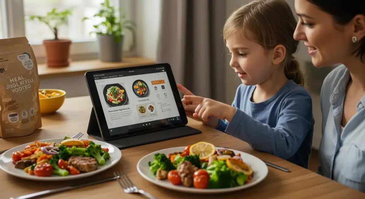 Parent and child reviewing a digital meal kit recipe, with a healthy, cooked meal ready on the table.