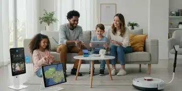 Family enjoying smart home technology in a modern living room