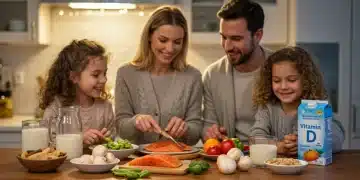 Family preparing a healthy meal with vitamin D foods for winter immunity.