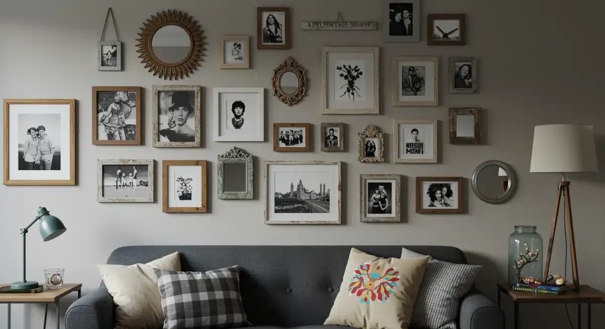 Eclectic gallery wall with framed art and photos above a sofa